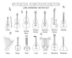 musical cuerda instrumentos línea dibujo vector colocar. violín, violonchelo, doble bajo, guitarra, arpa, banjo, sitar, laúd, lira clipart dibujos animados estilo, línea Arte mano dibujado