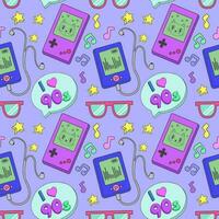 Seamless pattern with retro icons depicting tamagotchi, a game console, a player, glasses and other items in the colorful style of the 80s and 90s. Flat vector illustration.