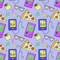 Seamless pattern with retro icons depicting tamagotchi, a game console, a player and other items in the colorful style of the 80-90s. Flat vector illustration.