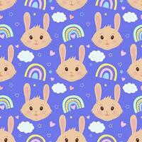 Cute seamless vector pattern with rabbits, hearts, clouds, rainbows and stars. Seamless vector printing on children's fabrics, wallpaper, textiles.
