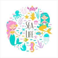 Sea life card with mermaid, leaves, seashells and fish. Cute vector illustration