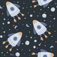 Seamless pattern with rocket in space and cute planet. Vector illustration.