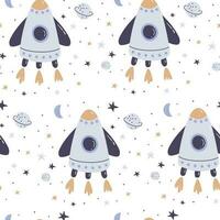 Seamless pattern with rocket in space and cute planet. Vector illustration.