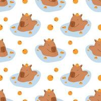 Vector seamless pattern with funny capybaras. Adorable background with amusing capibaras with mandarins. Cute capybaras swimming in water and relaxing with mandarin oranges. Capybara bathing pattern.