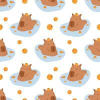 Vector seamless pattern with funny capybaras. Adorable background with amusing capibaras with mandarins. Cute capybaras swimming in water and relaxing with mandarin oranges. Capybara bathing pattern.