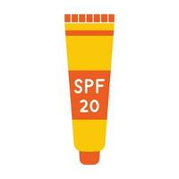 Sunscreen cream tube in flat design. Vector tube of lotion with SPF 20. Skin protection from sun. Tube of sunblock cream. Summer daily cosmetic in red and yellow colors. Sunscreen skin care product.