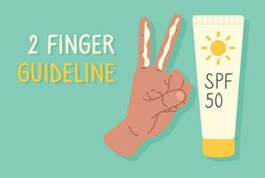 Poster, banner of instructions on how to apply sunscreen on the face. Hand with SPF 50 cream on two fingers in a flat style. Vector illustration