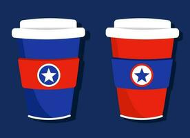 Illustration of cups with Independence Day symbols and colours in flat style. Set of cardboard cups in red, blue and white colours with a star. Vector illustration