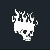 Flaming White Skull Symbol Logo on Black Background. Tribal Decal Stencil Tattoo Design. Flat Vector Illustration.