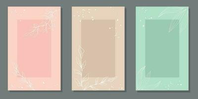 Set of botanical templates in pastel colors with hand drawn botanical elements. For posters, postcards, invitation, cover, social media post vector