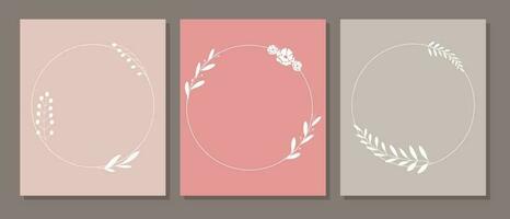 Set of elegant round templates with hand drawn botanical elements. For posters, decoration, postcards, wedding, invitation, cover, social media post vector