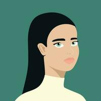 retrato de un medio giro hermosa joven morena mujer. Moda y belleza. femenino. avatar para social redes en plano estilo vector