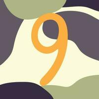 Hand drawn background with number nine and abstract shapes. Vector illustration