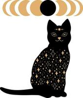 Black magical cat with star pattern and eclipse stages. Astrology and mystery. Vector illustration isolated on white background