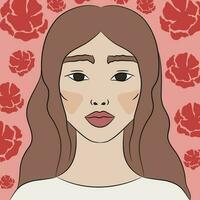 Young Asian woman on a floral background. Hand drawn vector illustration