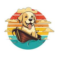 a cute dog with sun background by sea with boat vector