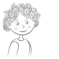 bosquejo retrato de un dibujos animados niña en un guirnalda de flores, aislar en blanco vector