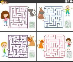 maze activity games set with cartoon children ant their pets vector