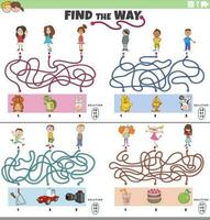 find the way maze games set with funny cartoon children vector
