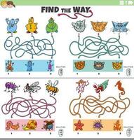 find the way maze games set with funny cartoon characters vector