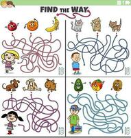 find the way maze games set with cartoon kids with pets and fruit vector