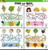 find the way maze games set with funny cartoon characters vector