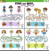 find the way maze games set with cartoon children characters vector