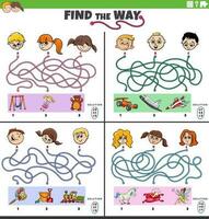 find the way maze games set with cartoon children characters vector