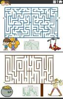 maze activity games set with funny cartoon characters vector