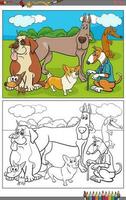 cartoon dogs and puppies characters group coloring page vector