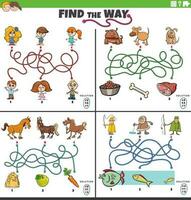 find the way maze games set with cartoon characters vector