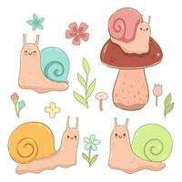 Set of cute snails and flowers isolated on white background. Vector graphics.