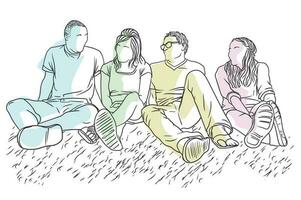 Two males and two female friends are hanging out, sitting on the ground, simple line art hand-drawn color illustration vector