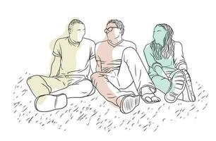 Two males and a female friends are hanging out, sitting on the ground, simple line art hand-drawn color illustration vector