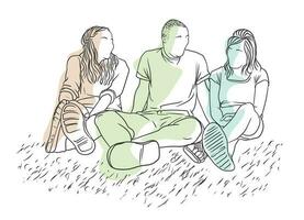 Two female and a male friends are hanging out, sitting on the ground, simple line art hand-drawn color illustration vector