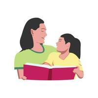 Pretty mother and her beautiful young daughter reading a book and looking at each other flat vector drawing