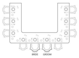 Wedding table placement concept with plates, spoon, fork, chair, 2d vector design idea