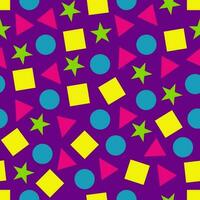 Geometric shape pattern in flat style background. Seamless abstract vector with 90s color palette. shape in squares, triangles, circles, stars.