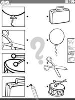 match cartoon objects and clippings activity coloring page vector