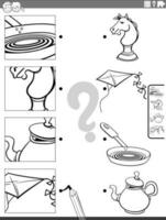 match cartoon objects and clippings activity coloring page vector