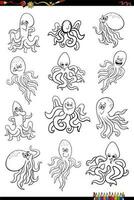 cartoon octopus marine animal characters set coloring page vector