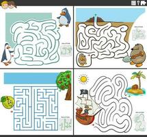 maze puzzle games set with funny cartoon characters vector