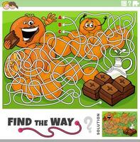 find the way maze game with cartoon orange and chocolate vector