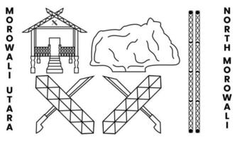 Vector set about north morowali ethnic. Contains traditional houses, traditional weapons and tourist destinations. It is suitable for backgrounds, logos, design complements, and others.