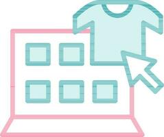 Online Check Shirt In Laptop Screen For Shopping Teal And Red Icon. vector