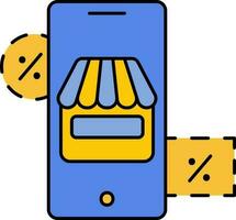 Shop In Smartphone Screen For Online Shopping Yellow And Blue Icon. vector