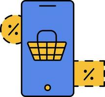Basket In Smartphone Screen For Online Sale or Shopping Yellow And Blue Icon. vector