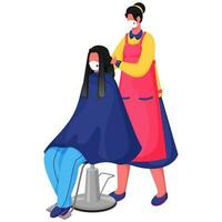 Female Hairdresser With Her Client Sitting At Chair And Wear Safety Mask To Protect From Coronavirus. vector