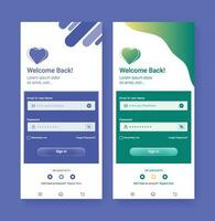 Vector app UI design login page template  blue and green variations set login screen for unique app development online login form, sign in, and registration access to the account