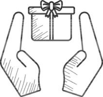 Hands Protect Gift Box Icon In Line Art. vector